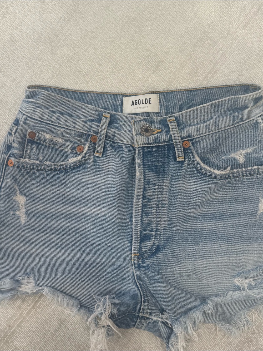 Agolde Light Blue Washed Denim Shorts with Branded Button